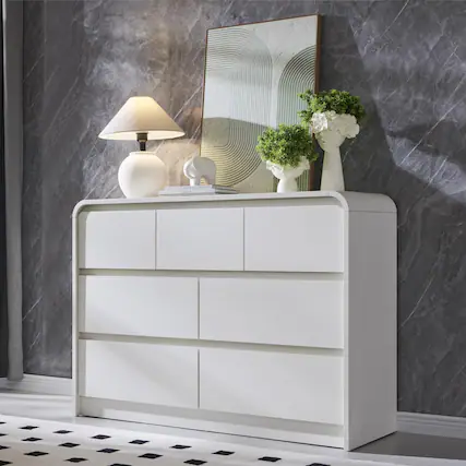 Front. PO3TICJUNKI3 - 47" Mid-Century 6-Drawer Dresser, Curved Bentwood Front, Oak Finish - White 15.6"D x 47.2"W x 33.9"H (7 Drawers).