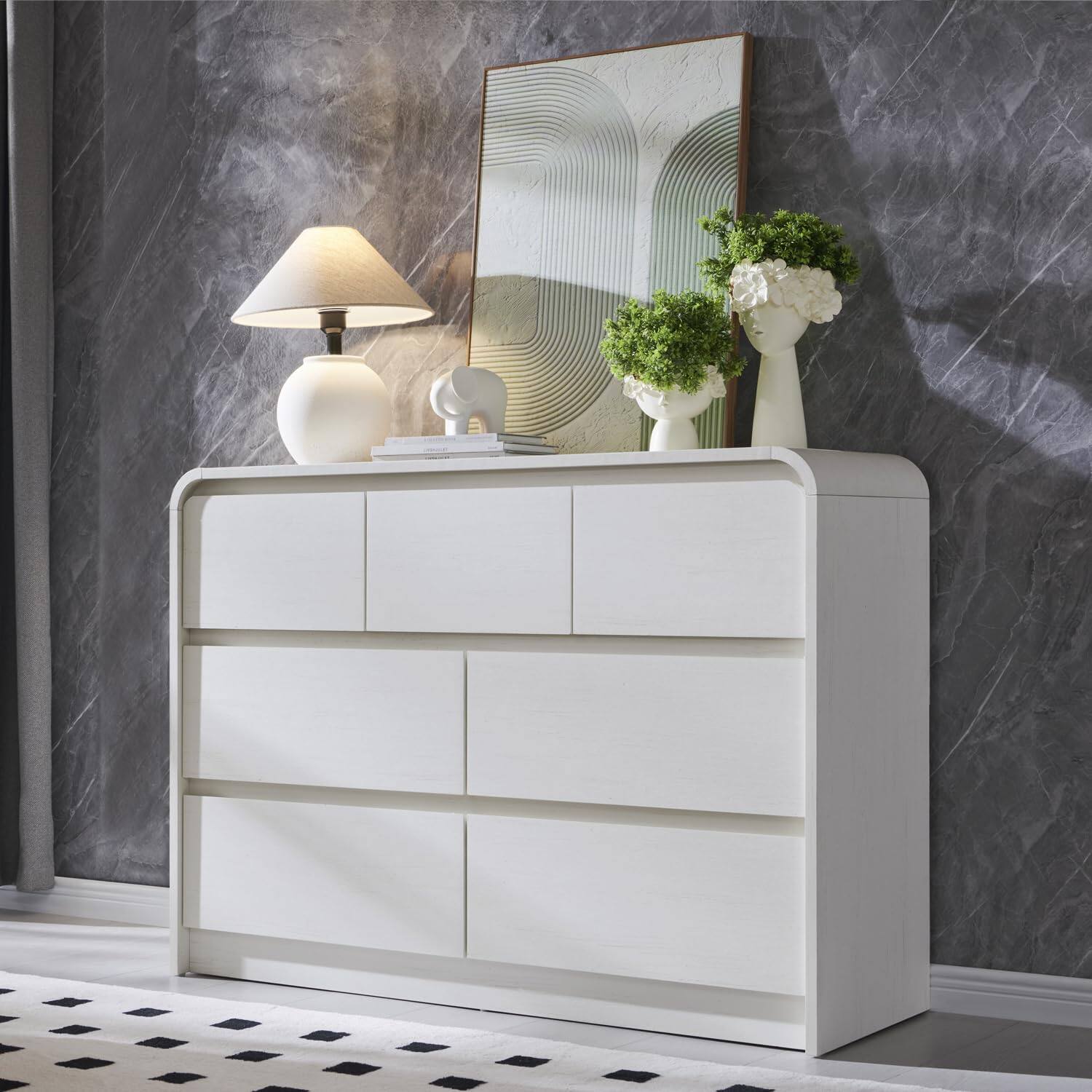 Front. PO3TICJUNKI3 - 47" Mid-Century 6-Drawer Dresser, Curved Bentwood Front, Oak Finish - White 15.6"D x 47.2"W x 33.9"H (7 Drawers).