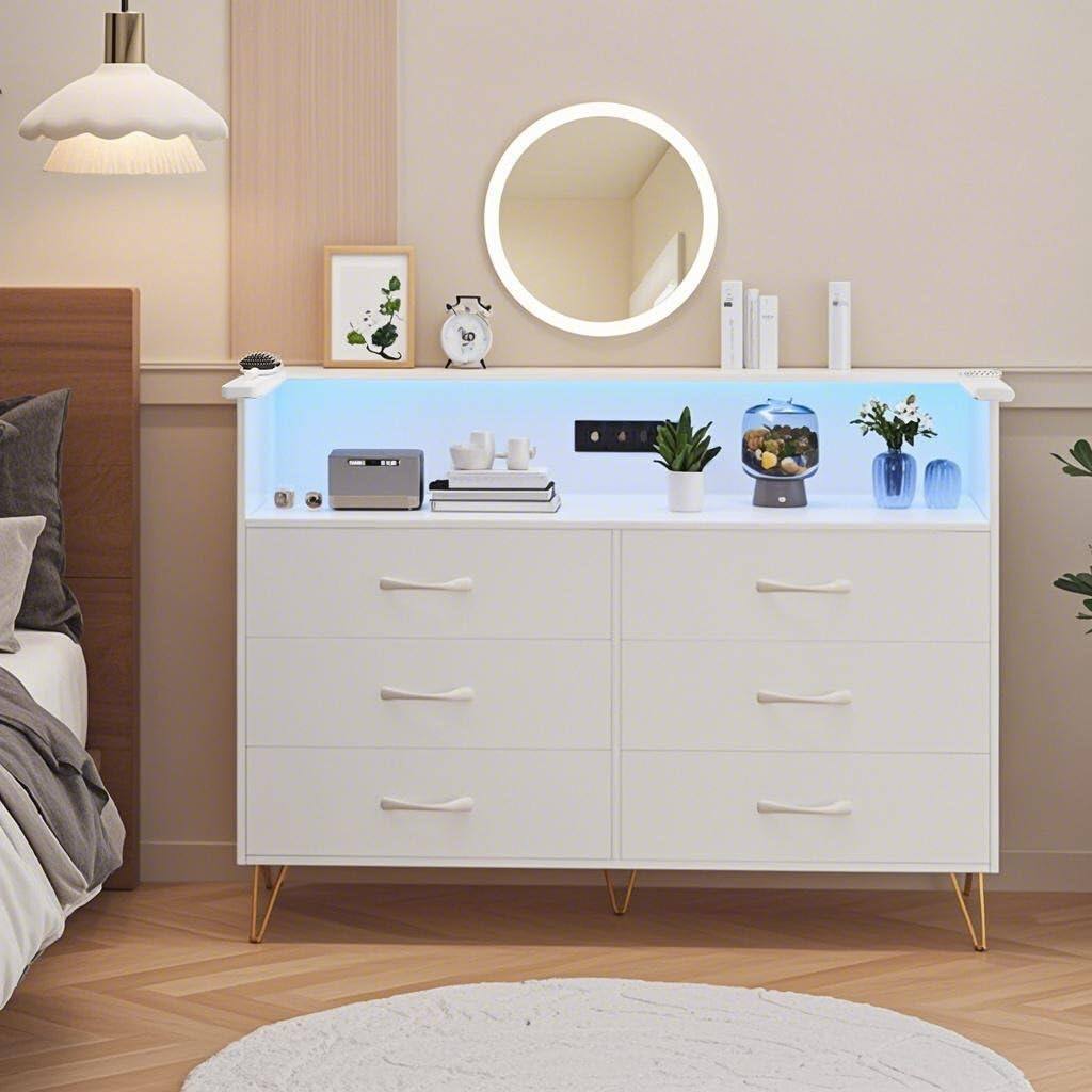 Acekool - 6 Drawer Dressers for Bedroom with LED Lights & Power Outlet, Wide Wooden Chest - White