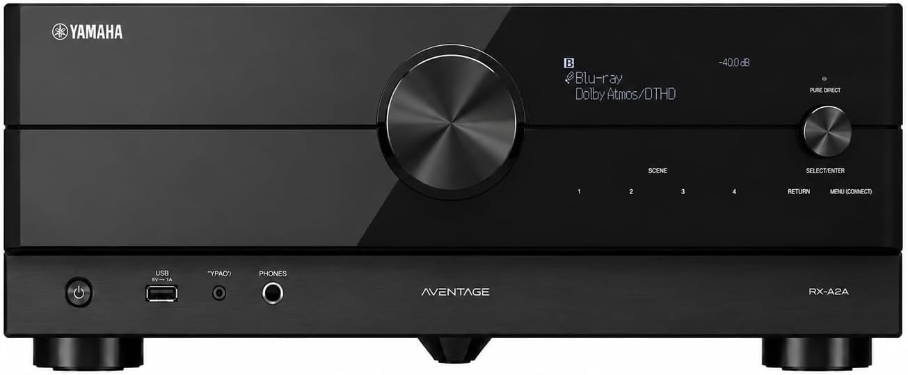 YAMAHA AVENTAGE RX-A2A

Blu-ray Dolby Atmos/DTHD

-40.0dB

PURE DIRECT

SCENE SELECT/ENTER 1 2 3 4

RETURN MENU (CONNECT)

USB

"YPAO"

PHONES