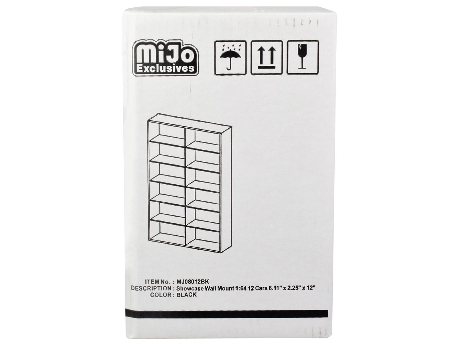 MiJo Exclusives  
ITEM No. : MJ08012BK  
DESCRIPTION: Showcase Wall Mount 1:64 12 Cars 8.11" x 2.25" x 12"  
COLOR: BLACK
