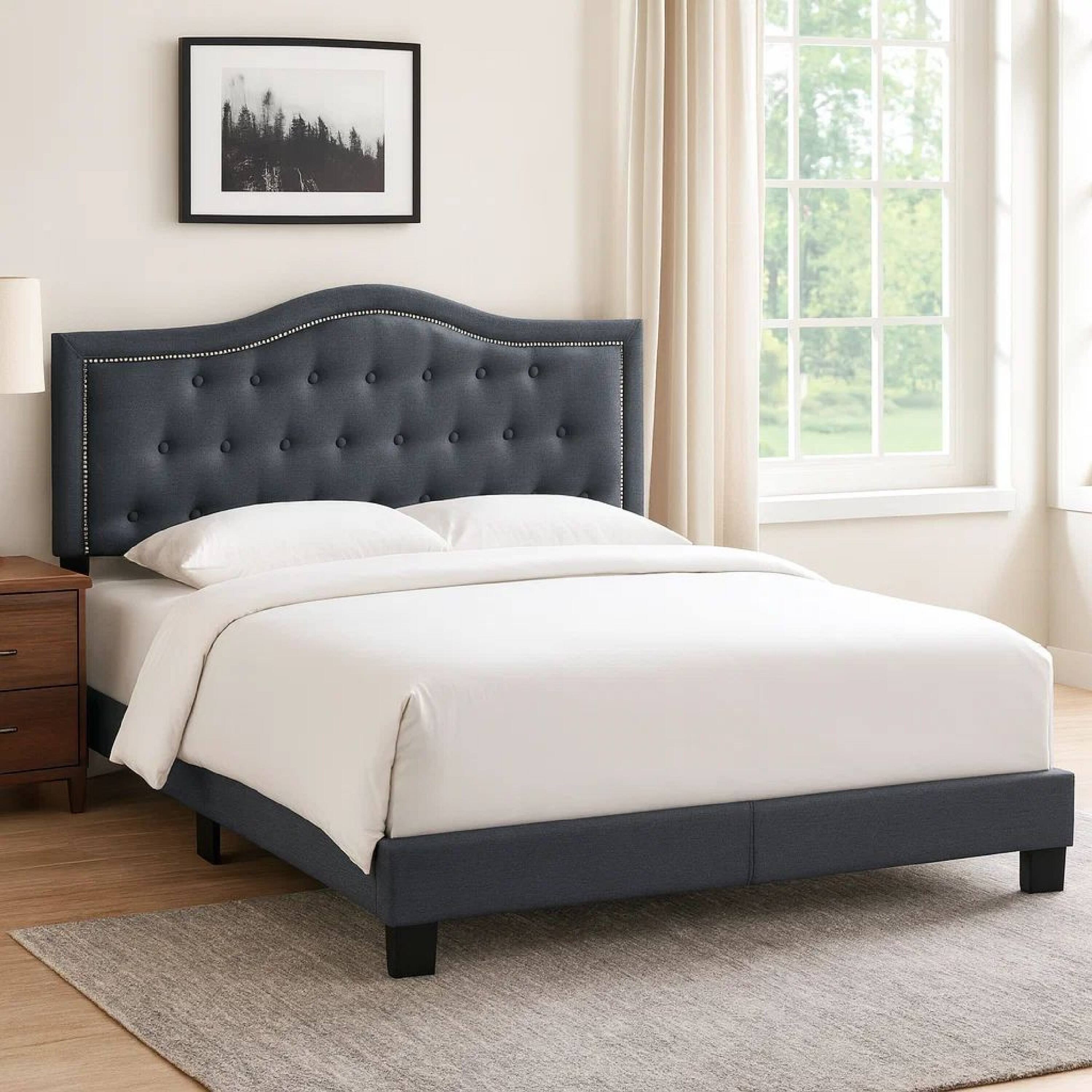 Alt View 2. Manhattan Lane - Button Tufted Full Burlap Bed with Curved Headboard - Gray.