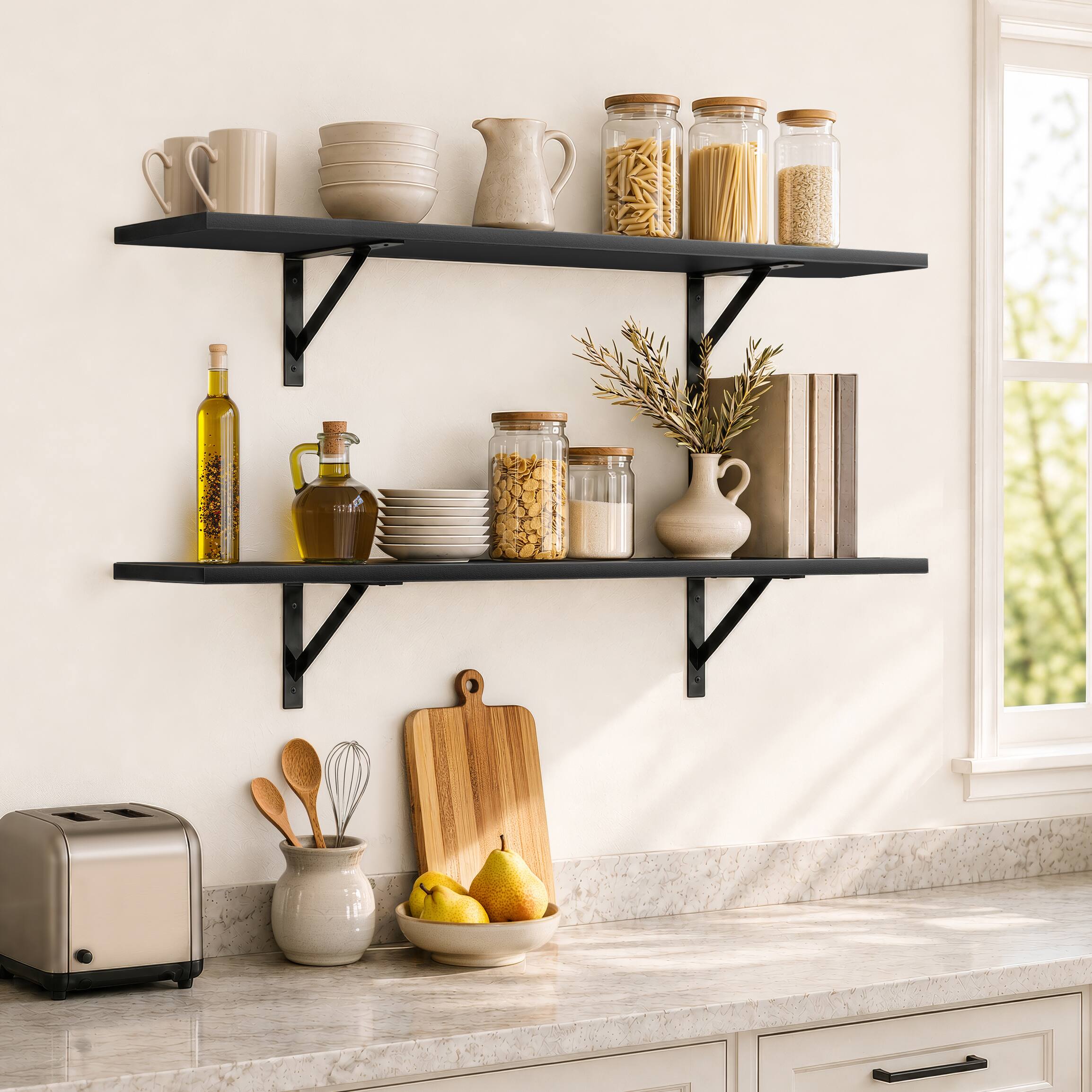 Alt View 5. Sorbus - Wall Shelves 47.3" with Black Metal Brackets, Set of 2, Black - Black.