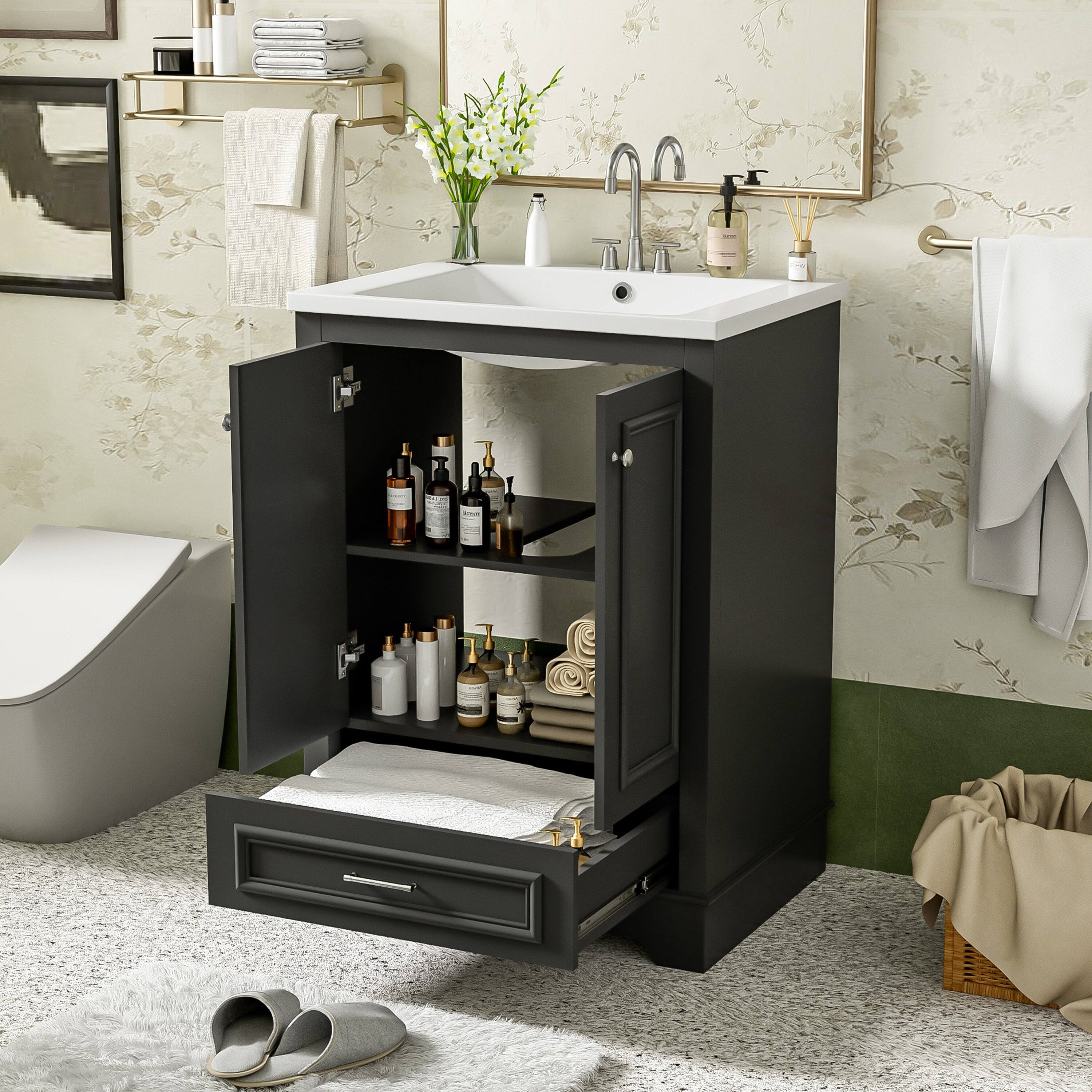 Alt View 2. Boyel Living - 24 Inch Bathroom Vanity Black with Ceramic Sink Soft Close Doors Silver Handles - Black.