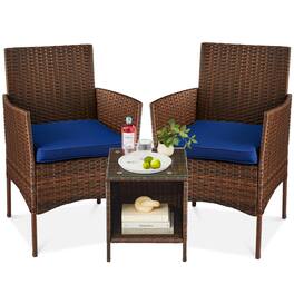 Best Choice Products - 3-Piece Outdoor Wicker Conversation Patio Bistro Set, w/ 2 Chairs, Table - Brown/Navy
