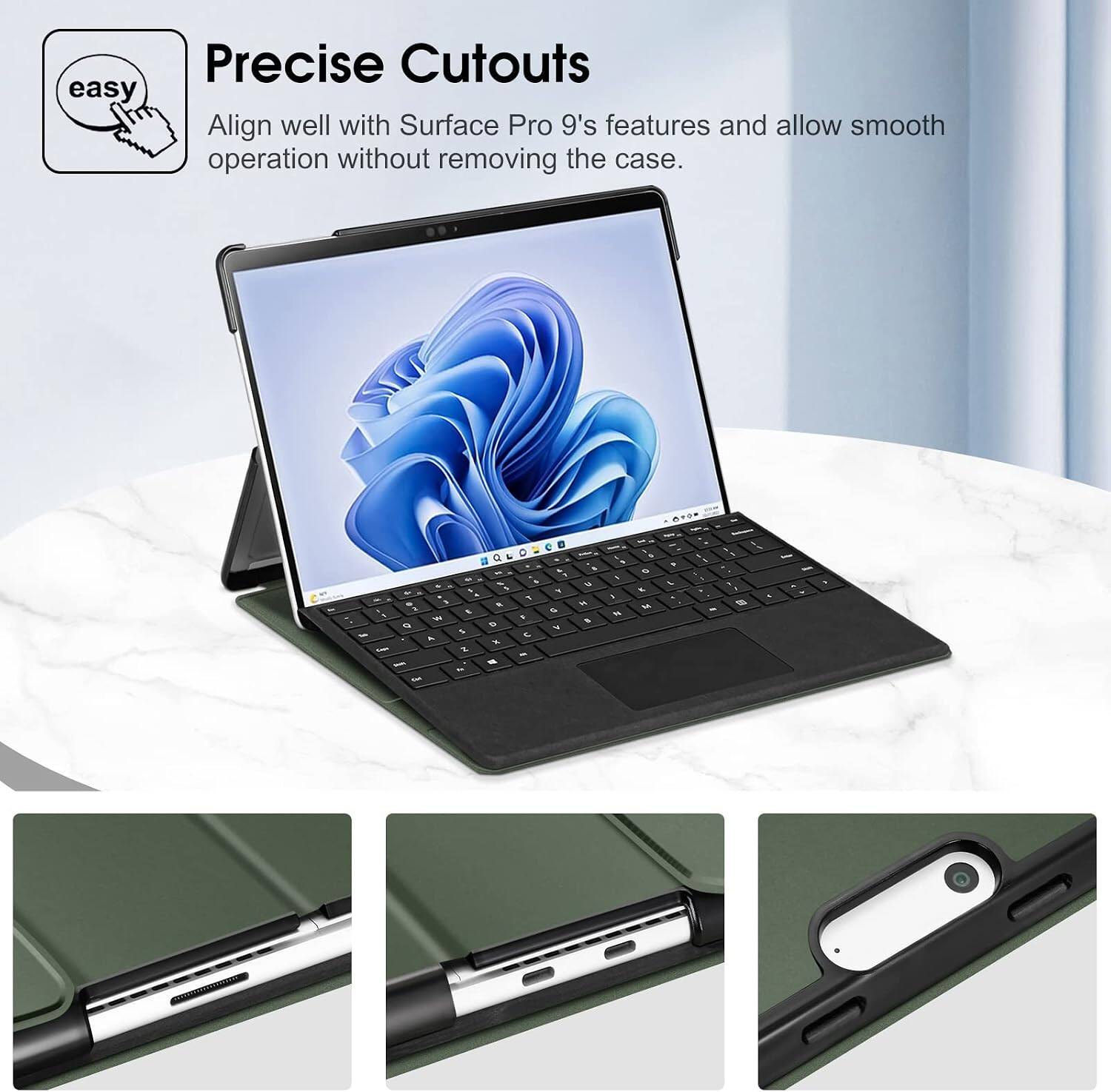 Precise Cutouts easy Align well with Surface Pro 9's features and allow smooth operation without removing the case.