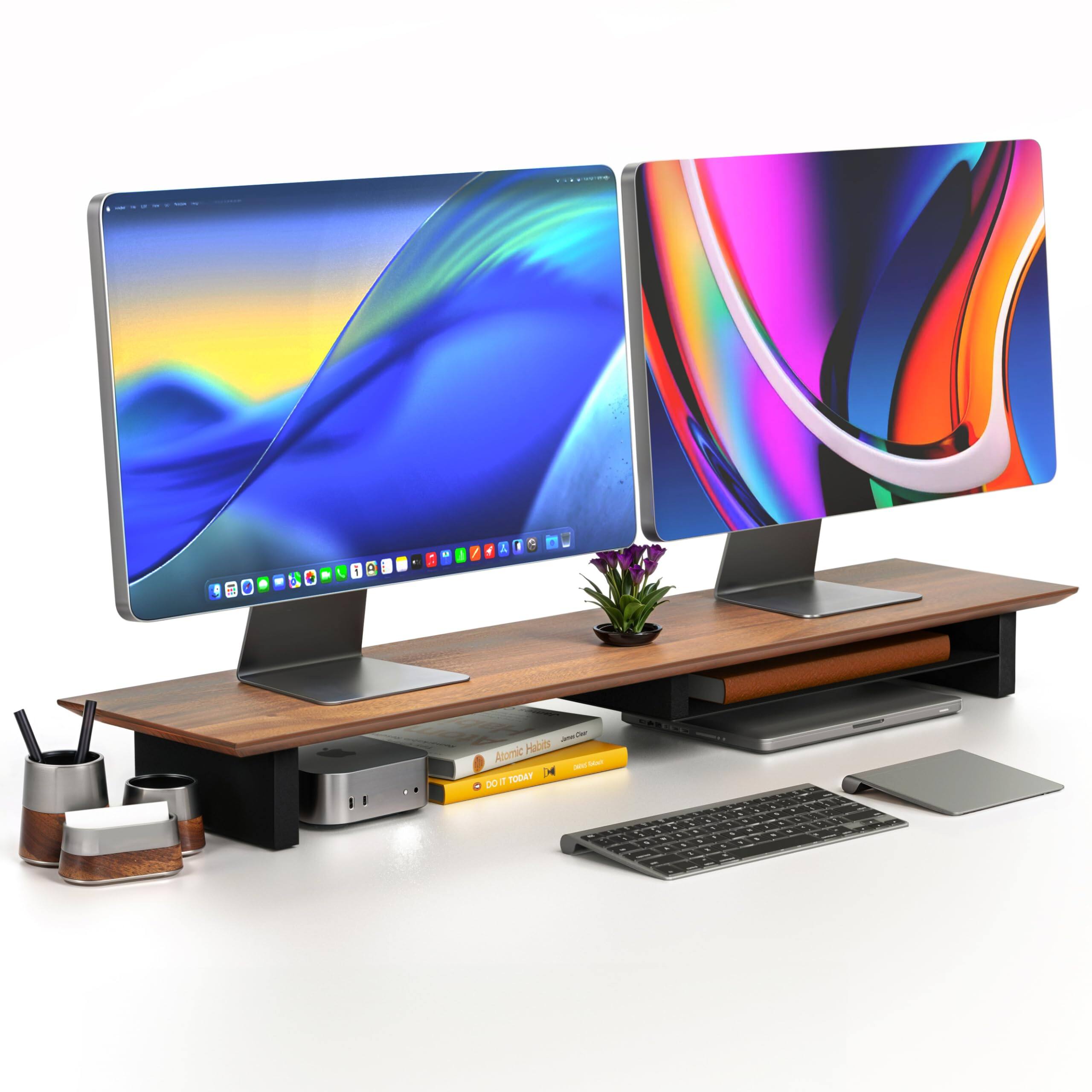ThinkLink Electronic Solid Wood Dual Monitor Stand Riser Walnut Desk ...