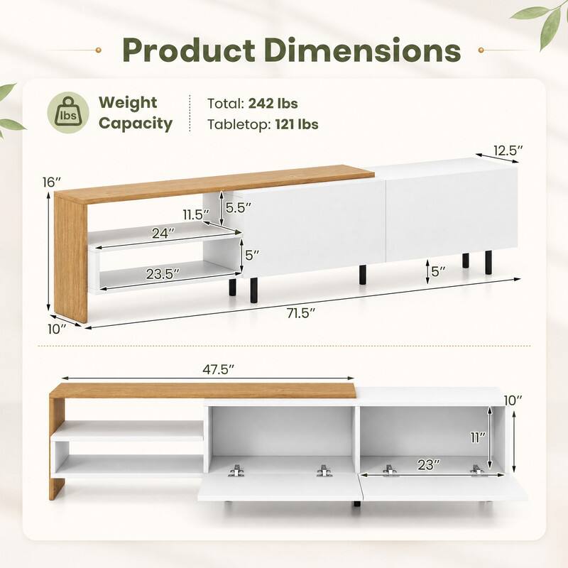 Product Dimensions

Weight Capacity
Total: 242 lbs
Tabletop: 121 lbs

12.5"  
16"  
5.5"  
11.5"  
24"  
5"  
23.5"  
5"  
10"  
71.5"  
47.5"  
10"  
11"  
23"