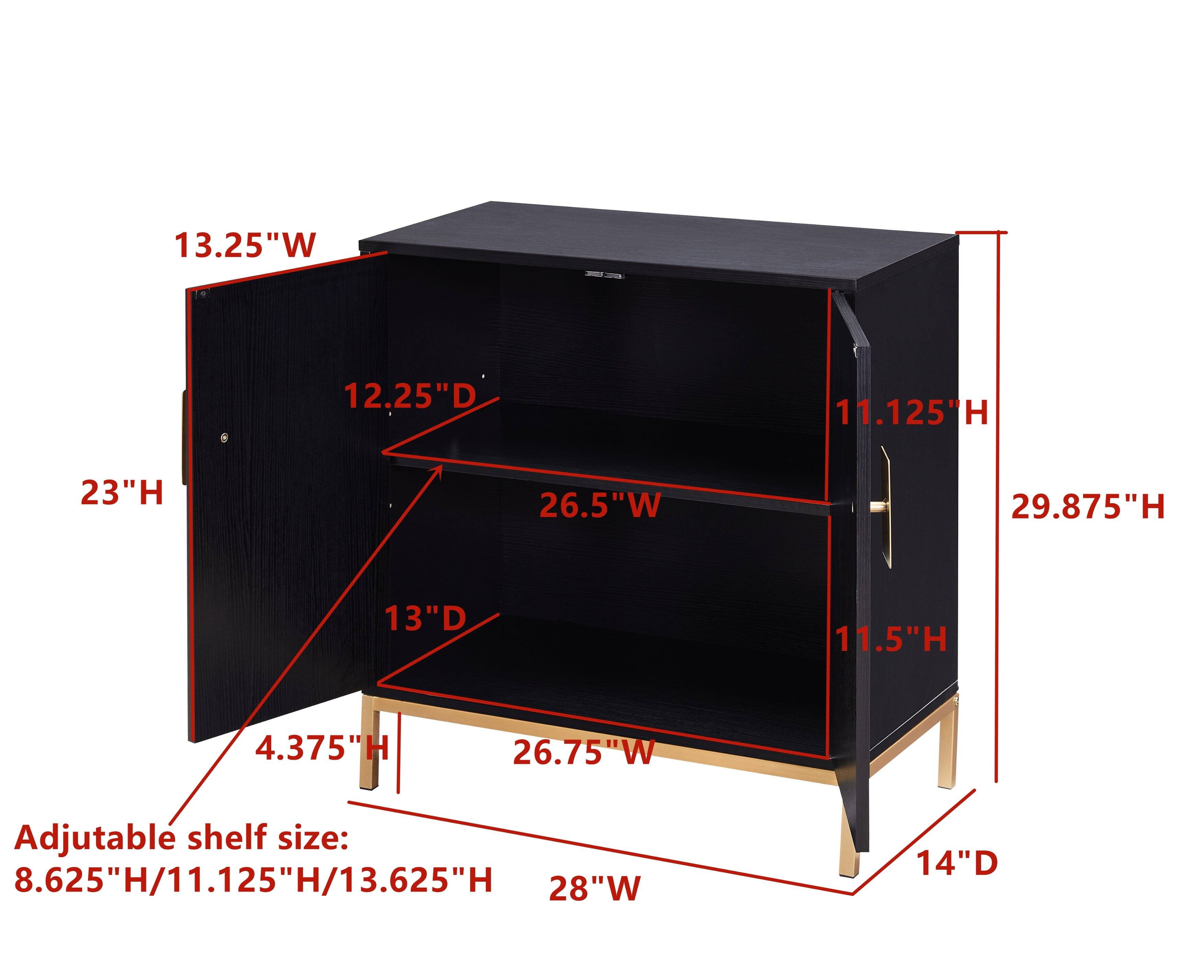 13.25"W  
12.25"D  
11.125"H  
23"H  
26.5"W  
29.875"H  
13"D  
11.5"H  
4.375"H  
26.75"W  
14"D  

Adjustable shelf size:  
8.625"H/11.125"H/13.625"H  
28"W