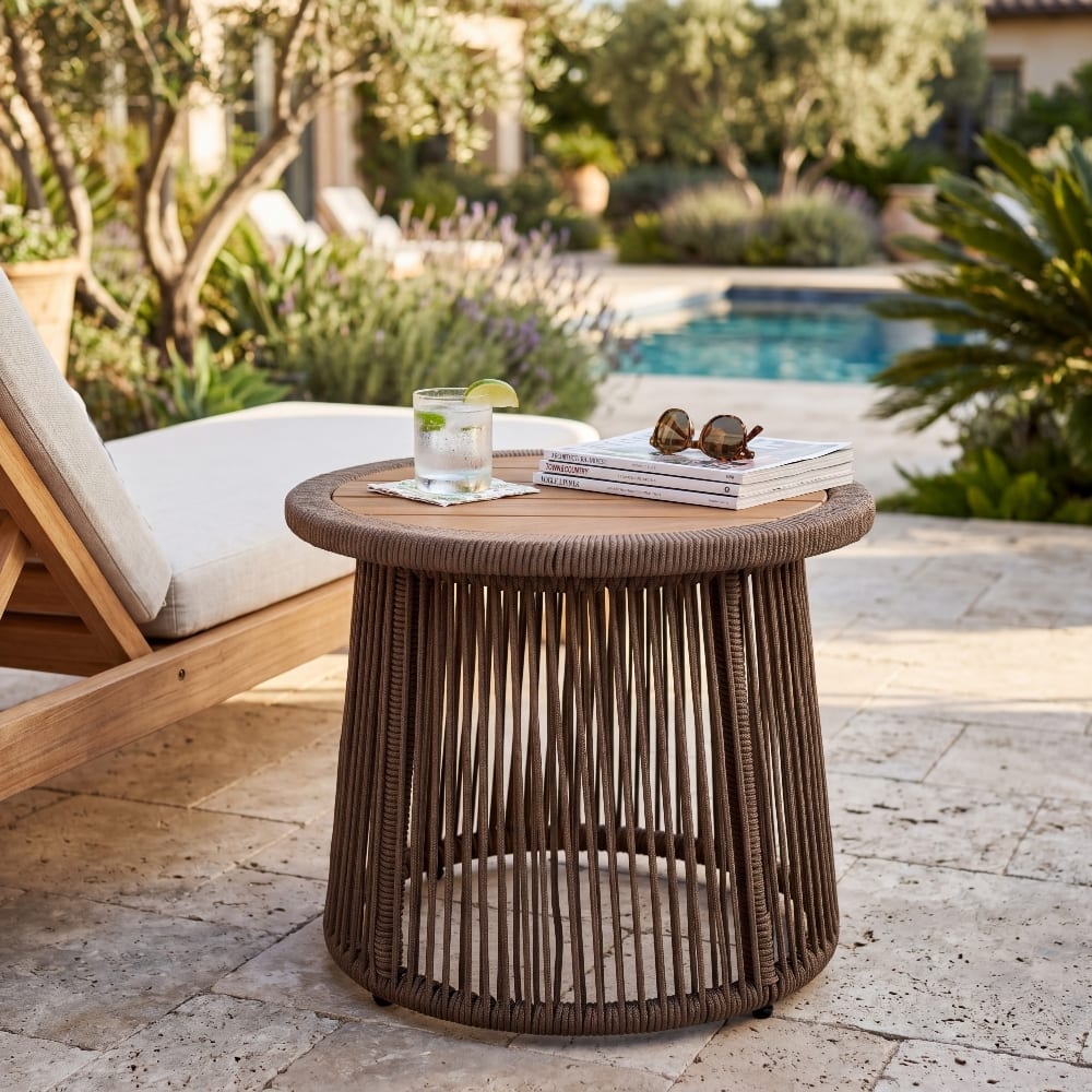 Loheer - Rope Side Table Acacia Wood Outdoor Table Round Accent Table for Patio Modern Boho Teak Finish - Beige price history on PriceWatchPro