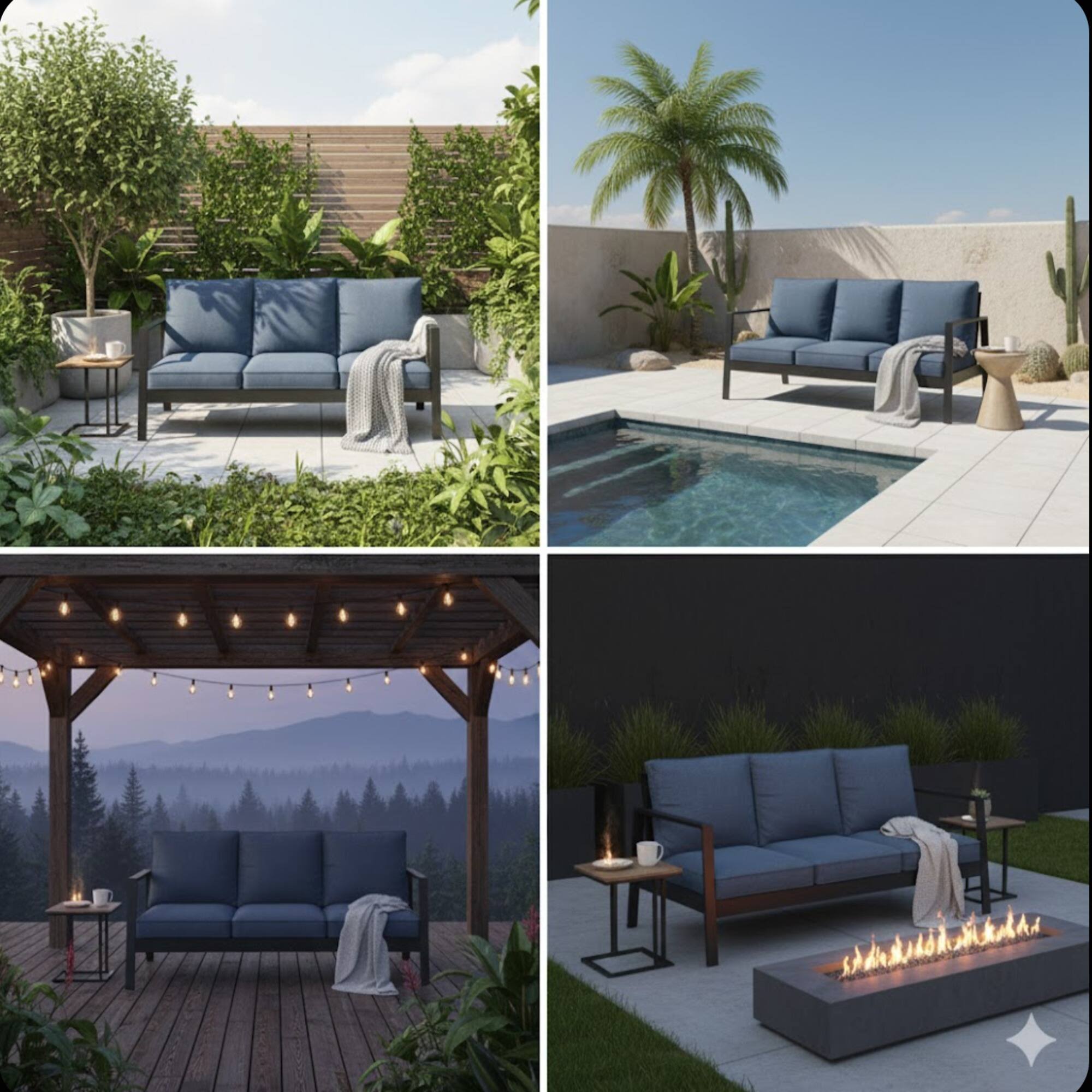 Back. Mondawe - 75" 3-Seat Aluminum Patio Sofa with  Cushions - Black+Blue.