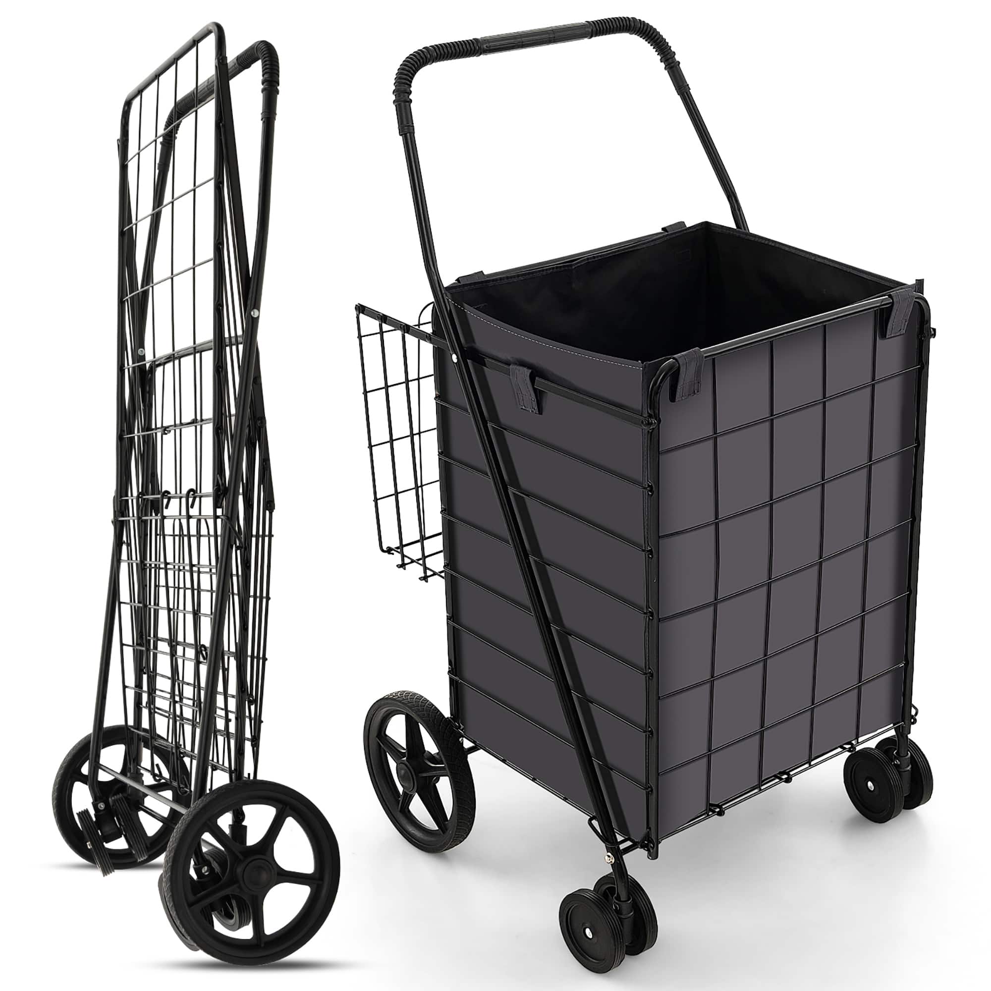 Front. Costway - Folding Shopping Cart Utility Double Basket Grocery Cart with Waterproof Liner - Black.
