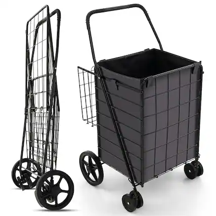 Front. Costway - Folding Shopping Cart Utility Double Basket Grocery Cart with Waterproof Liner - Black.