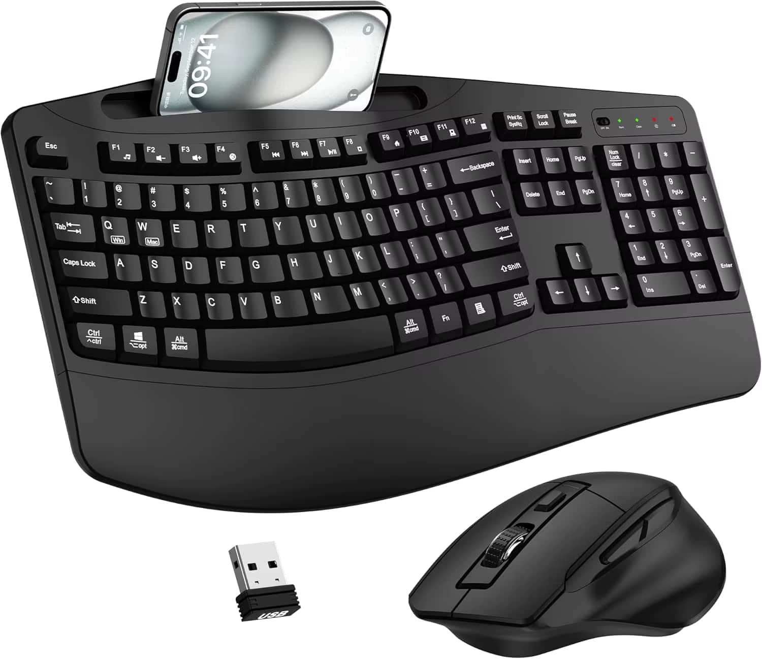 PRIMEPLUS - Wireless Keyboard and Mouse Combo, 2.4G Full Size Wave Keys Ergonomic Keyboard with Wrist Rest - Black