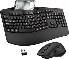 PRIMEPLUS - Wireless Keyboard and Mouse Combo, 2.4G Full Size Wave Keys Ergonomic Keyboard with Wrist Rest - Black
