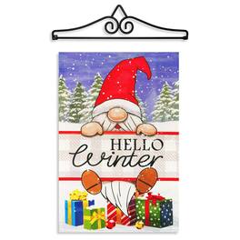 G128 - Combo Pack Garden Flag Hanger 14.2 in with Hello Winter Gnome 12x18 in Double-Sided Flag - Red