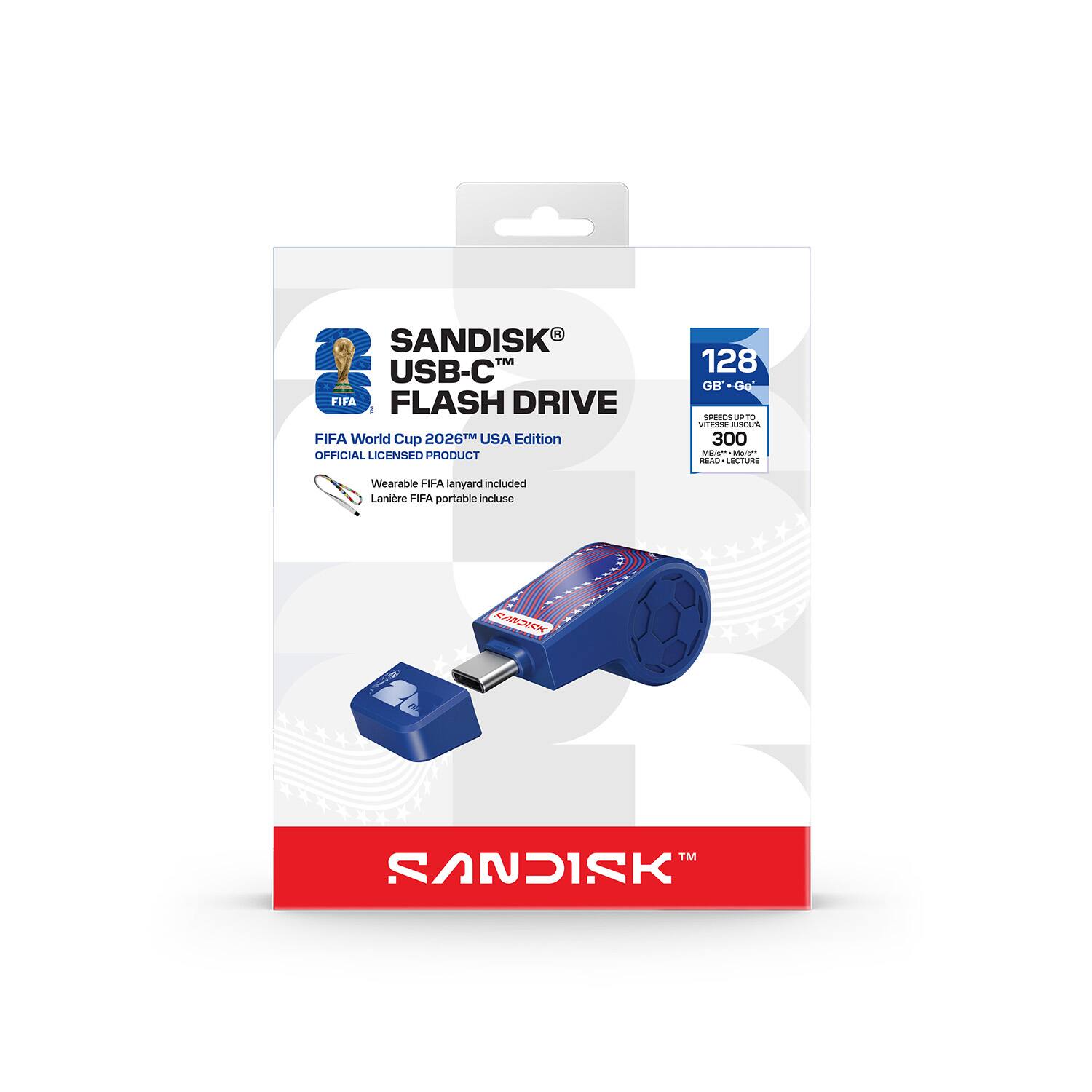 SANDISK USB-C™ FLASH DRIVE  
FIFA World Cup 2026™ USA Edition  
OFFICIAL LICENSED PRODUCT  

128 GB  
SPEEDS UP TO 300 MB/s*  
READ  

Wearable FIFA lanyard included  
Lanière FIFA portable incluse  

SANDISK™