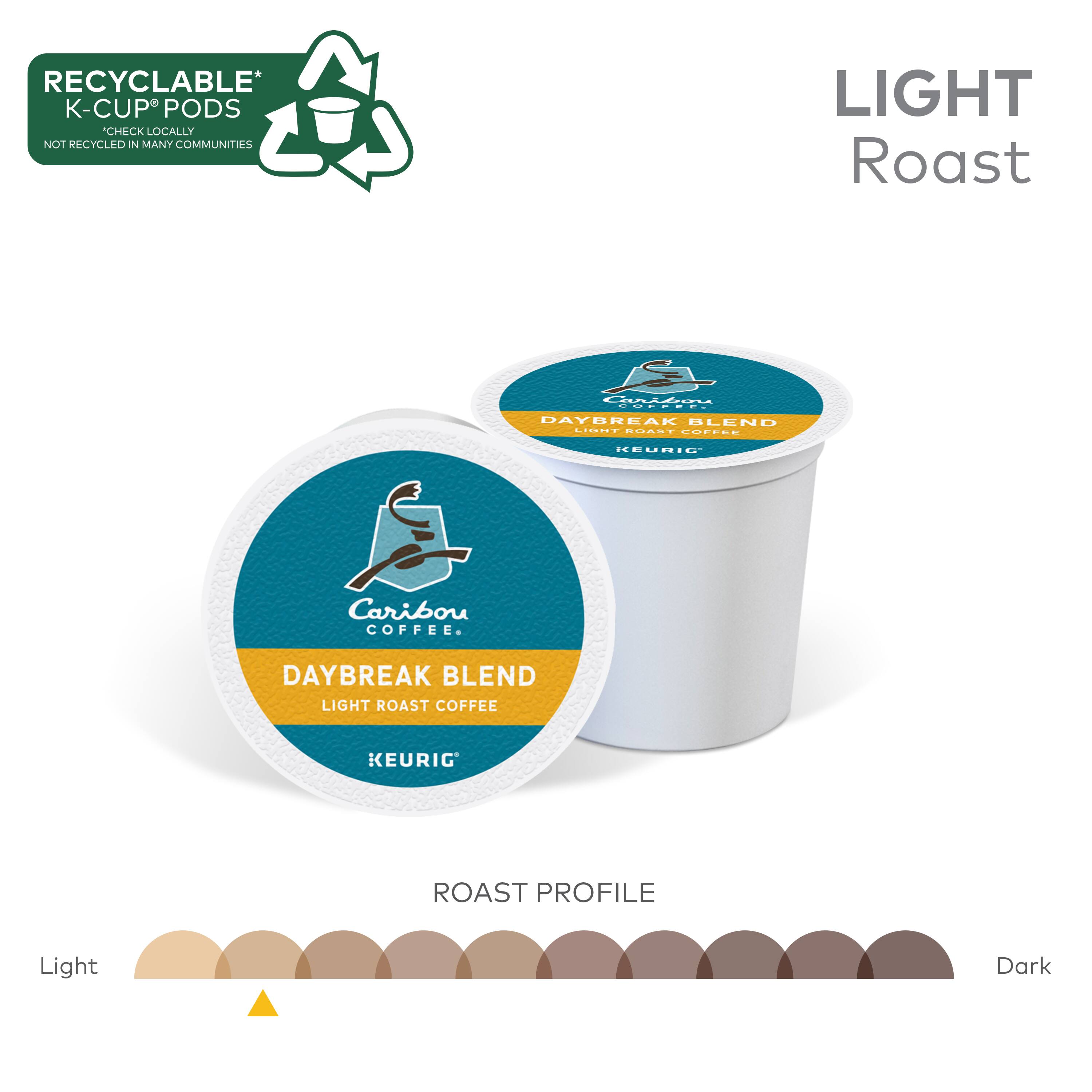 Recyclable* K-Cup Pods. Check locally; not recycled in many communities. Light Roast. Daybreak Blend. Caribou Coffee. Daybreak Blend Light Roast Coffee. Keurig Roast Profile. Light. Dark.