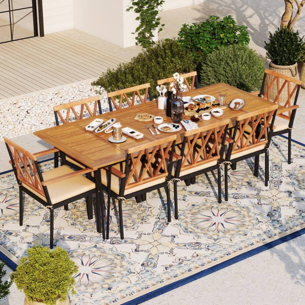 Back. Mondawe - Acacia Wood Outdoor Furniture Set 9 Pieces Patio Dining Set with 8 Chairs - Natural + Black.
