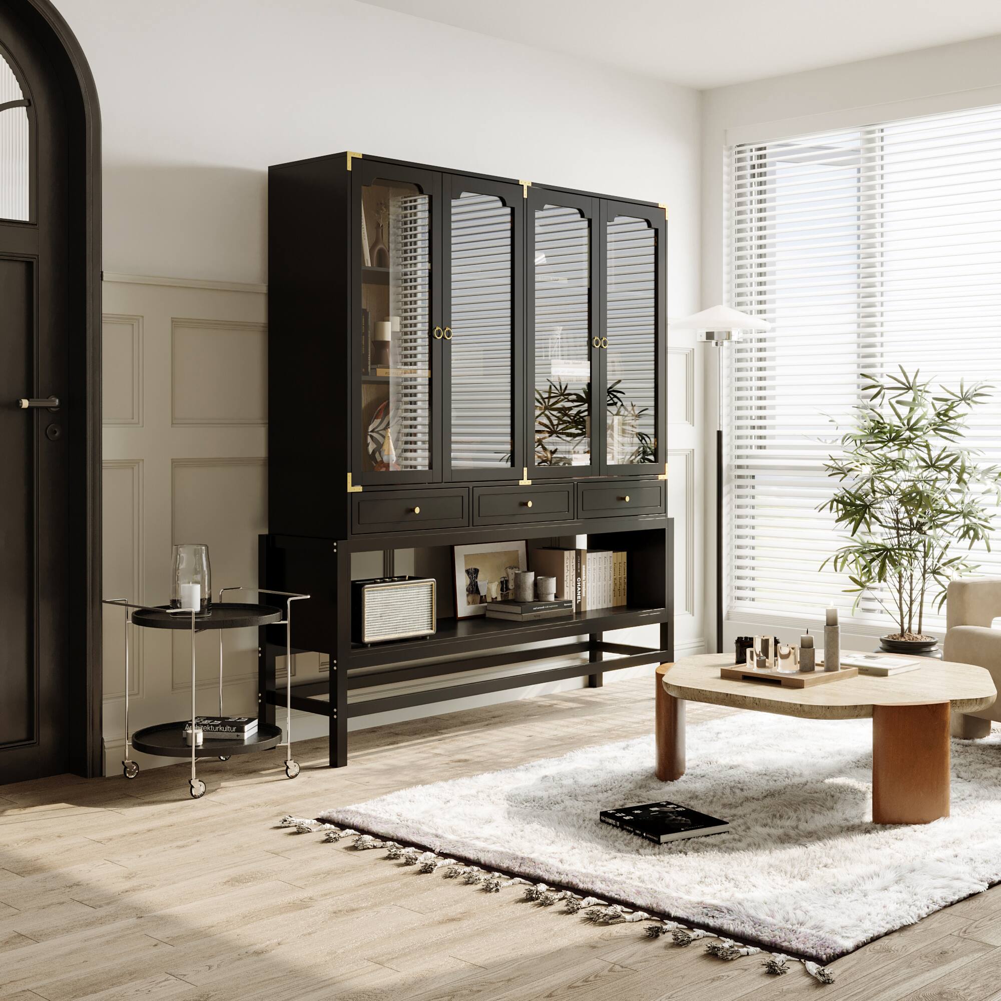 Alt View 8. Famapy - Tempered Glass Display Cabinet with Drawers – Modern Black & Gold Showcase for Living Room, Dining Room, or Study - Black.