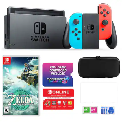 The image features a Nintendo Switch console, which is a gaming system that allows players to enjoy various games, including Mario Kart Deluxe 8 and The Legend of Zelda: Breath of the Wild. The console comes with a full game download included, and it is compatible with the Nintendo Switch Online membership. The image also shows a game controller and a game case, indicating that the console is ready for use and play.