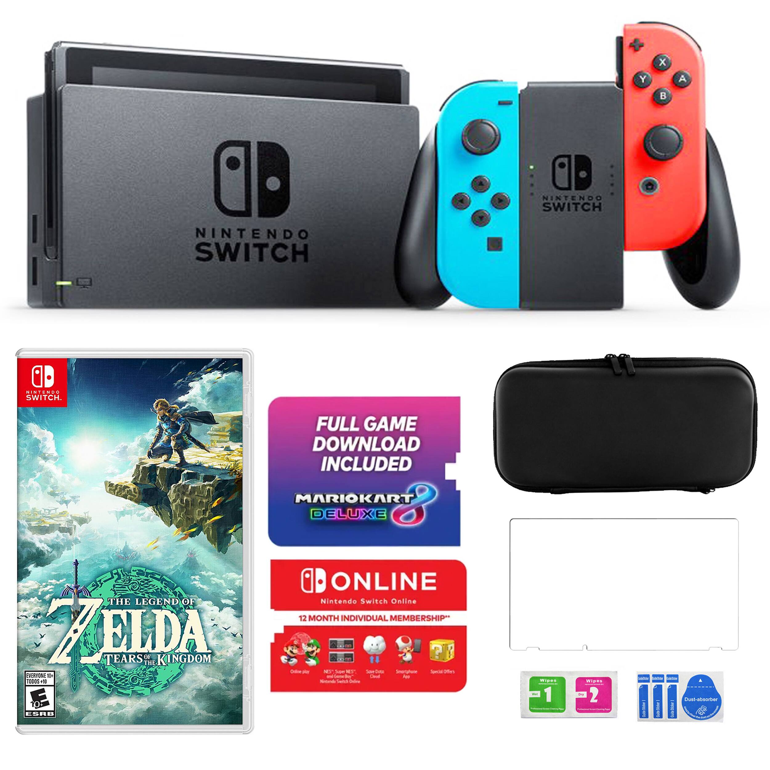 The image features a Nintendo Switch console, which is a gaming system that allows players to enjoy various games, including Mario Kart Deluxe 8 and The Legend of Zelda: Breath of the Wild. The console comes with a full game download included, and it is compatible with the Nintendo Switch Online membership. The image also shows a game controller and a game case, indicating that the console is ready for use and play.