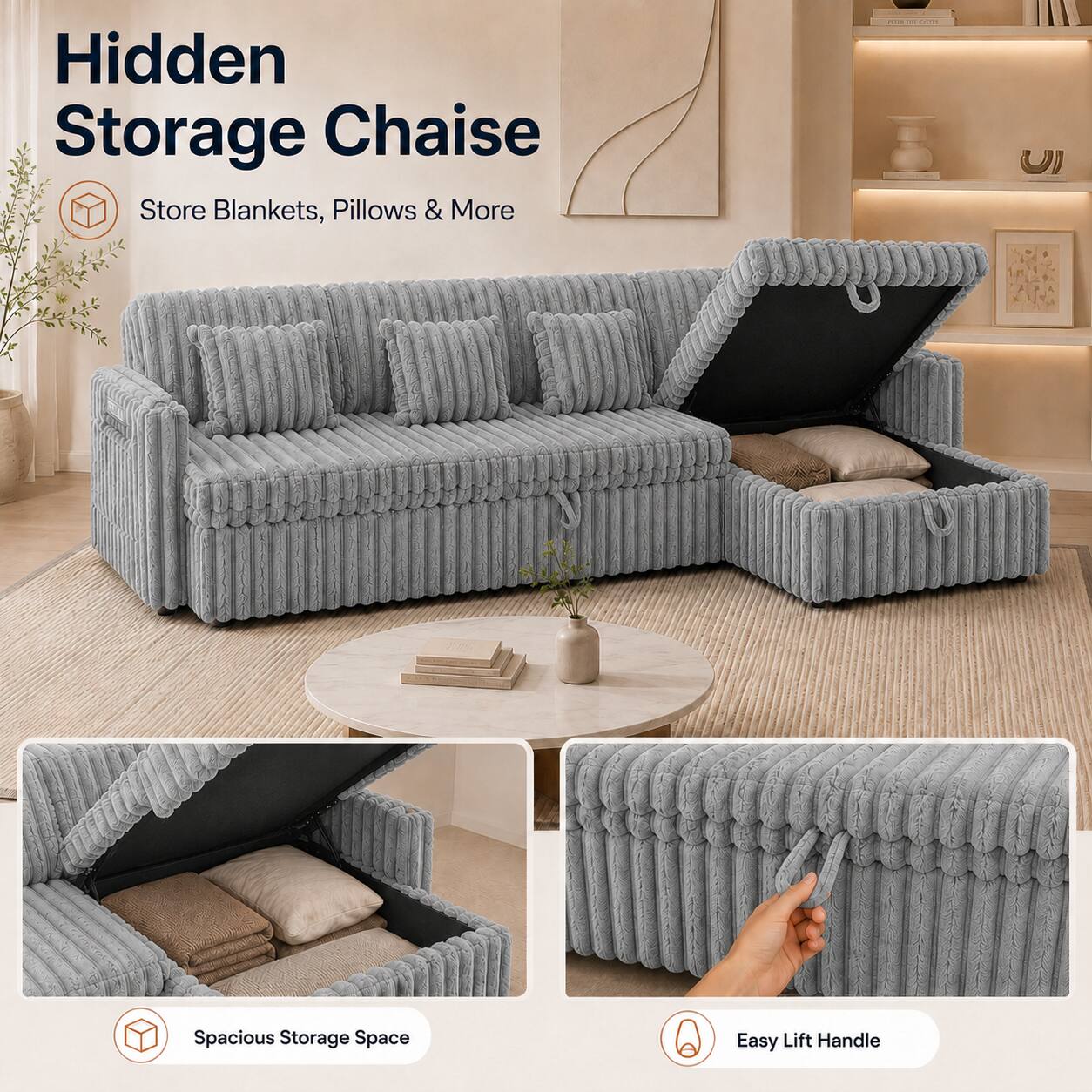 Hidden Storage Chaise  
Store Blankets, Pillows & More  
Spacious Storage Space  
Easy Lift Handle