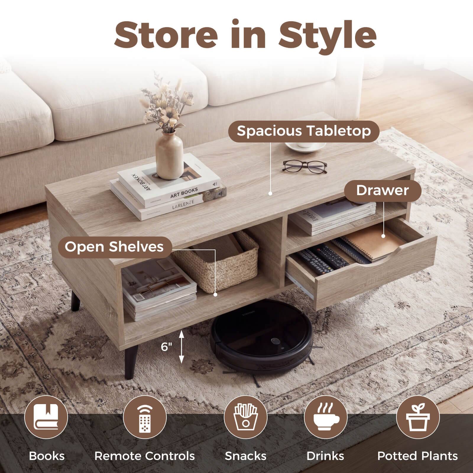 Store in Style  
Spacious Tabletop  
OKEX ART ART BOOKS TE LARLENZE AL 2 Drawer Open Shelves  
6" Books Remote Controls Snacks Drinks Potted Plants