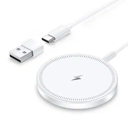 Front. Luckbyte - White Wireless Charging Pad with USB-A and USB-C, Case Friendly Travel Charger for Phone and Earbuds.