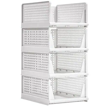 Front. Vecelo - 28" Height Stackable Closet Organizer Storage Bins 4 Pack, Folding Closet Organizers for Clothes and Small Items - Grey.