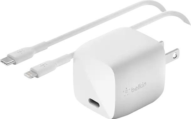 Front. Belkin - Belkin 30W GaN Wall Charger USB-C Charger With Lightning Cable White - White.
