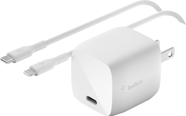 Front. Belkin - Belkin 30W GaN Wall Charger USB-C Charger With Lightning Cable White - White.