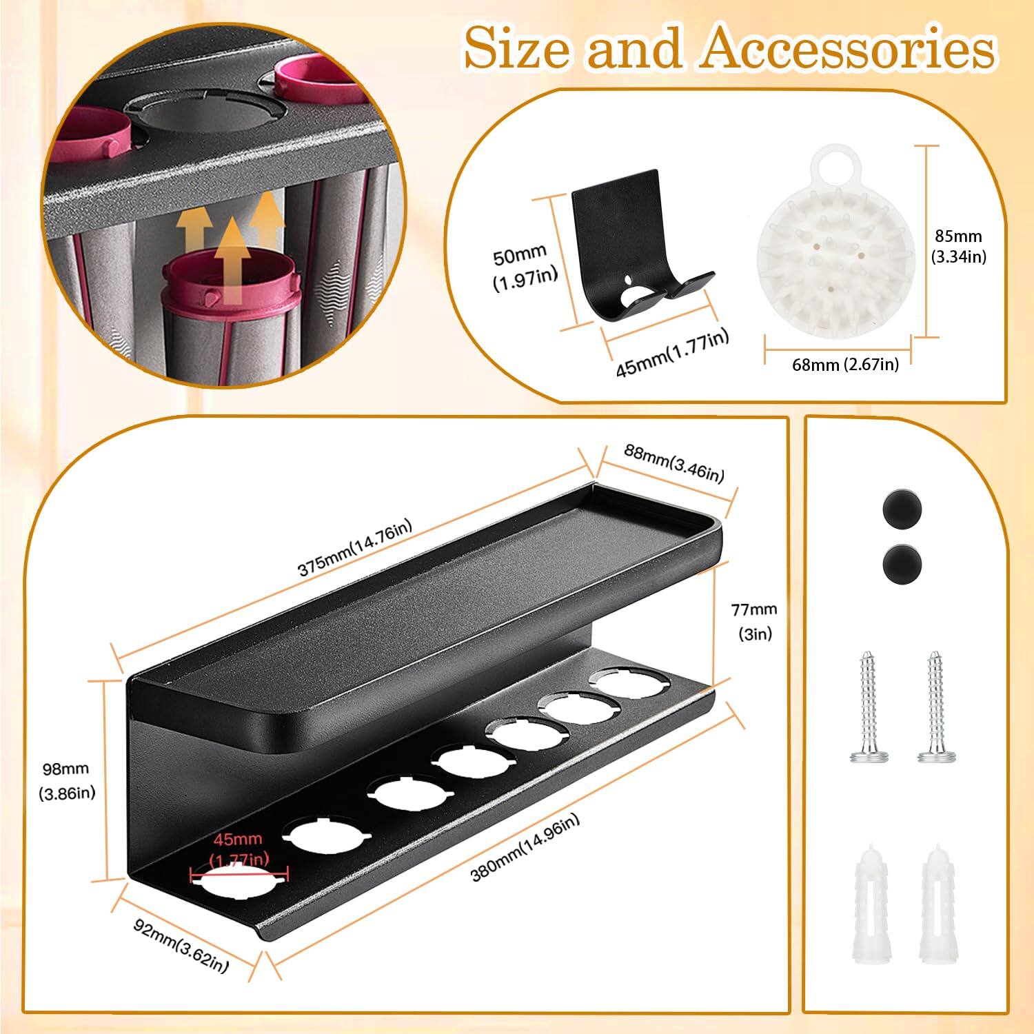 Sure, here is the corrected and grouped text:

**Size and Accessories**

- 50mm (1.97in)
- 45mm (1.77in)
- 85mm (3.34in)
- 68mm (2.67in)
- 88mm (3.46in)
- 375mm (14.76in)
- 98mm (3.86in)
- 45mm (1.77in)
- 92mm (3.62in)
- 380mm (14.96in)
- 77mm (3in)