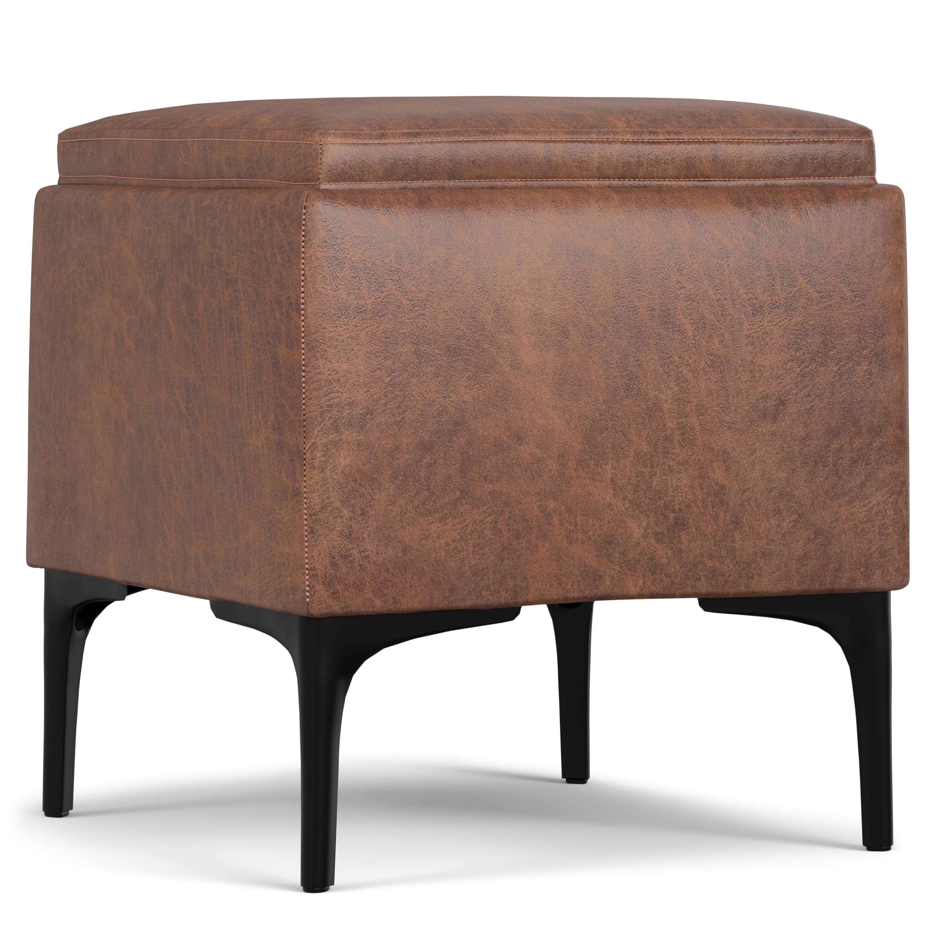 Alt View 2. Simpli Home - Natasha 18 inch Square Mid Century Storage Ottoman with Tray in Distressed Saddle Brown  Vegan Faux Leather, Assembled - Distressed Saddle Brown.