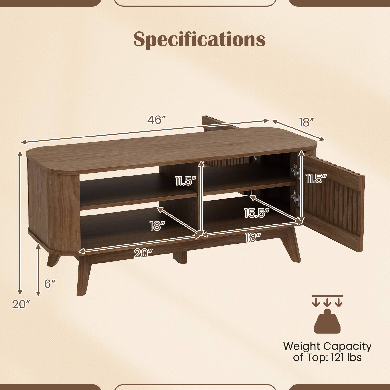 Specifications

- Length: 46"
- Width: 18"
- Height: 20"
- Shelf 1: 18" (width) x 11.5" (depth)
- Shelf 2: 18" (width) x 11.5" (depth)
- Shelf 3: 18" (width) x 15.5" (depth)
- Overall Height: 20"
- Leg Height: 6"

Weight Capacity of Top: 121 lbs