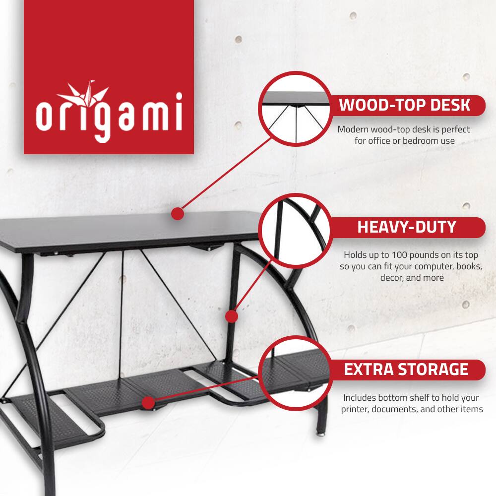 **Origami**

**WOOD-TOP DESK**  
Modern wood-top desk is perfect for office or bedroom use

**HEAVY-DUTY**  
Holds up to 100 pounds on its top so you can fit your computer, books, decor, and more

**EXTRA STORAGE**  
Includes bottom shelf to hold your printer, documents, and other items