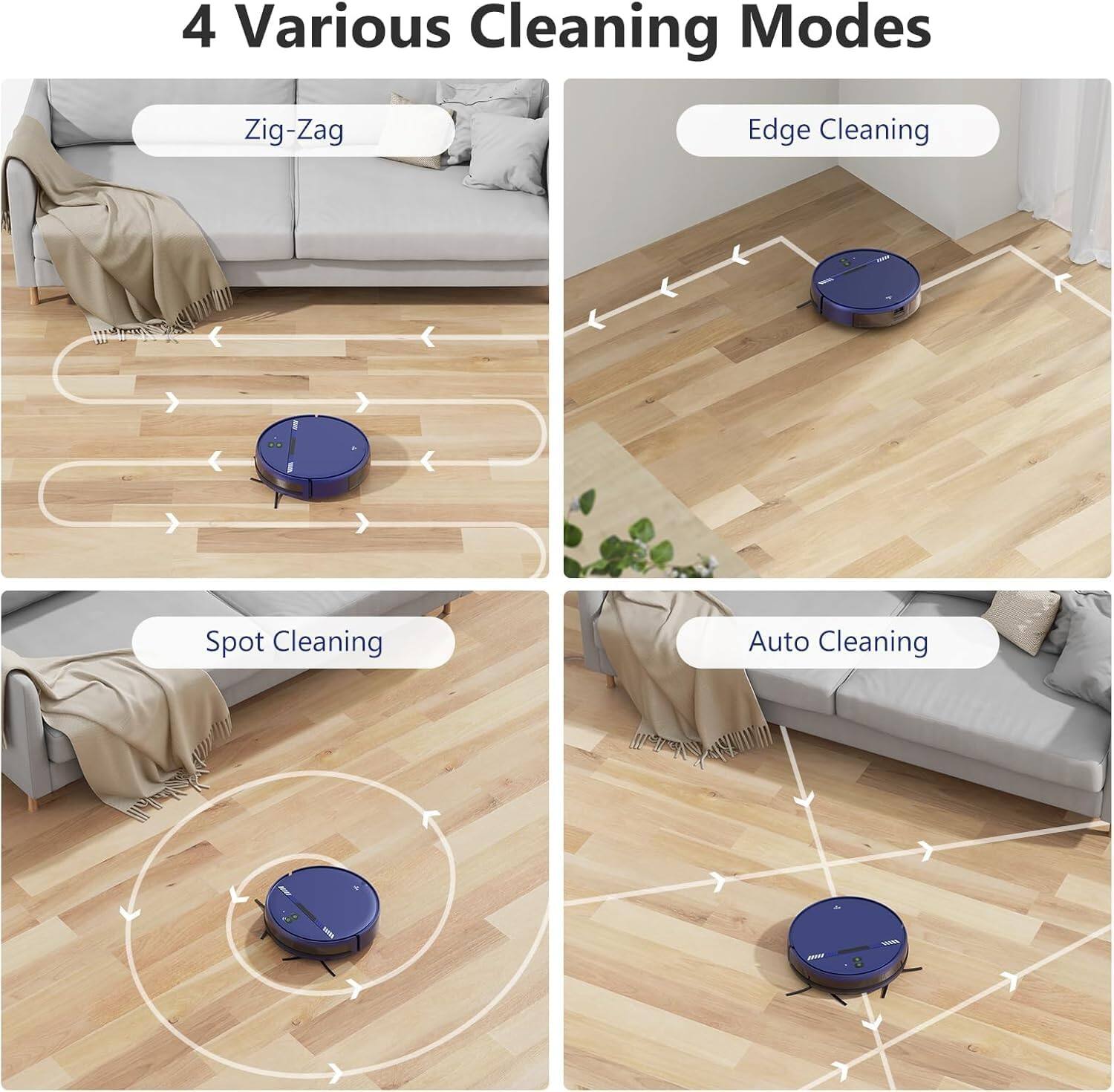 4 Various Cleaning Modes: Zig-Zag, Edge Cleaning, Spot Cleaning, Auto Cleaning