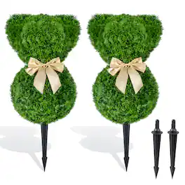 Costway - 2 Pcs Teddy Bear Topiary Trees, Sun-resistant Faux Boxwood Plants with Bowknot - Green + Golden