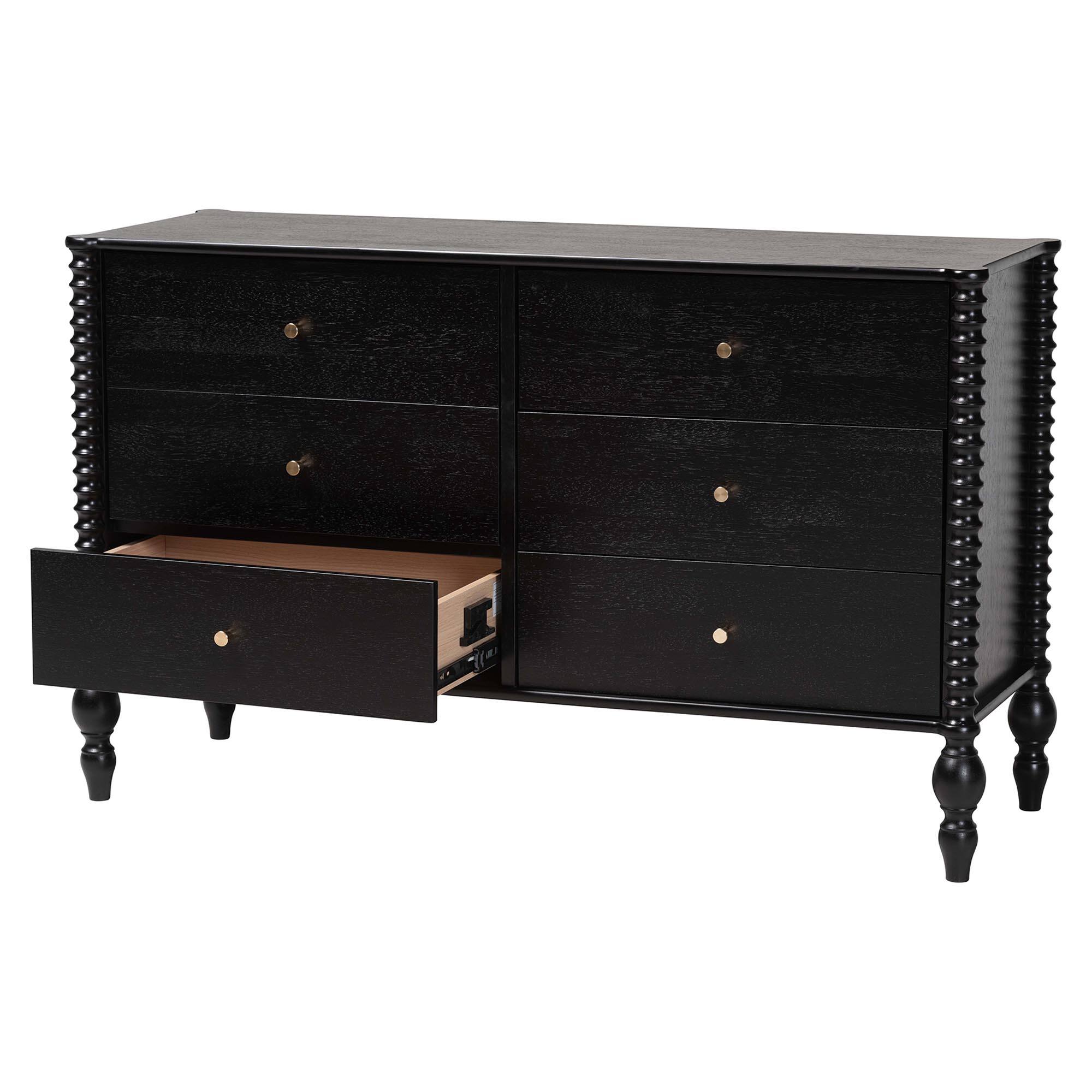 Angle. Baxton Studio - Callison Spindle Dresser - 6-Drawer Farmhouse Horizontal Cabinet with Turned Accents for Bedroom, - Black.