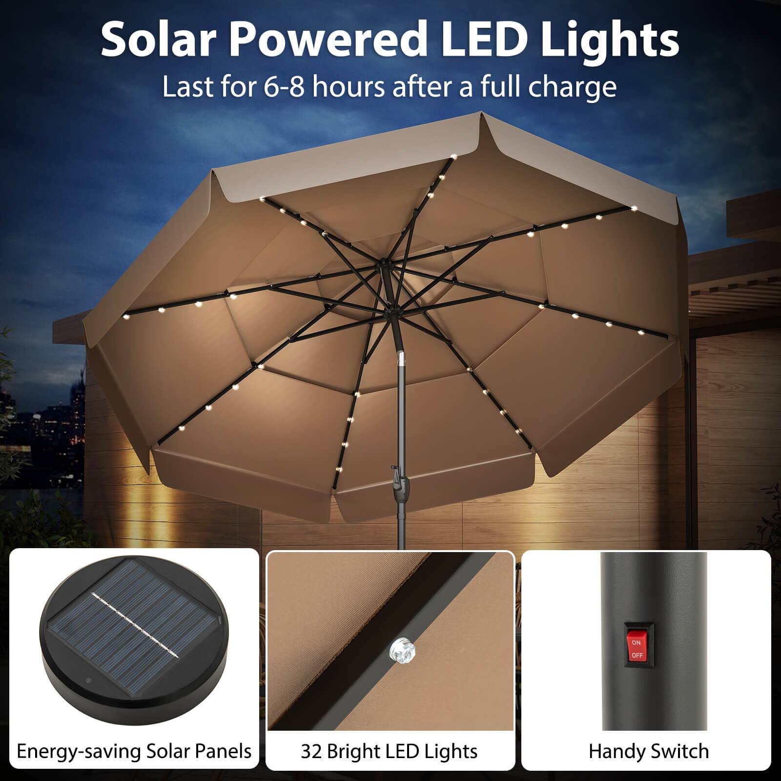 Solar Powered LED Lights Last for 6-8 hours after a full charge

Energy-saving Solar Panels
32 Bright LED Lights
Handy Switch