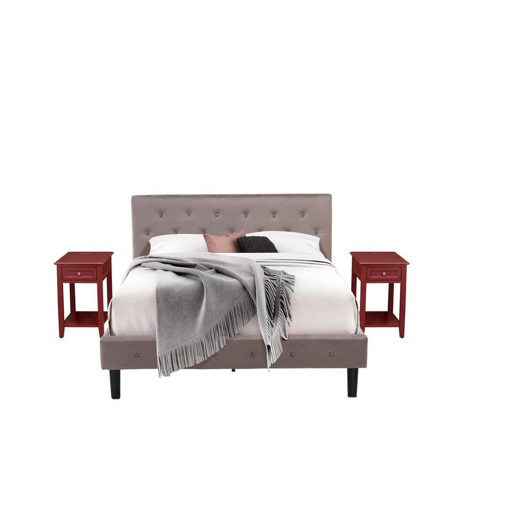 Alt View 4. East West Furniture - NL14Q-2DE13 3 Pc Queen Bedroom Set - 1 Wood Bed Brown Taupe Velvet Fabric Headboard and 2 nightstands - Burgundy Finish - Taupe Brown.