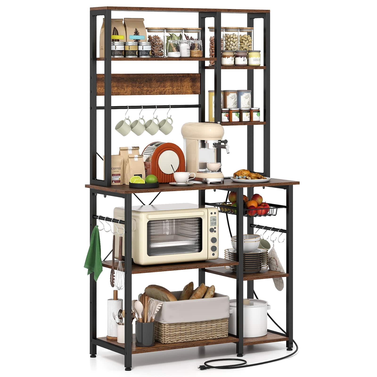 Gymax - Bakers Rack w/ Power Outlet 6-Tier Microwave Stand w/ Wooden Open Shelves - Brown