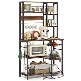 Gymax - Bakers Rack w/ Power Outlet 6-Tier Microwave Stand w/ Wooden Open Shelves - Brown