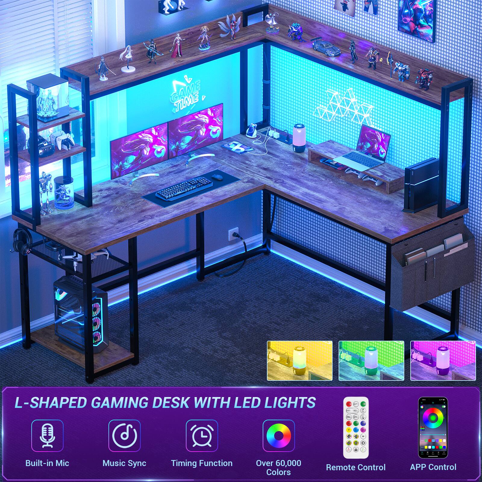 GAME JUME P 9 7 a L-SHAPED GAMING DESK WITH LED LIGHTS - Built-in Mic Music Sync Timing Function Over 60,000 Colors Remote Control APP Control