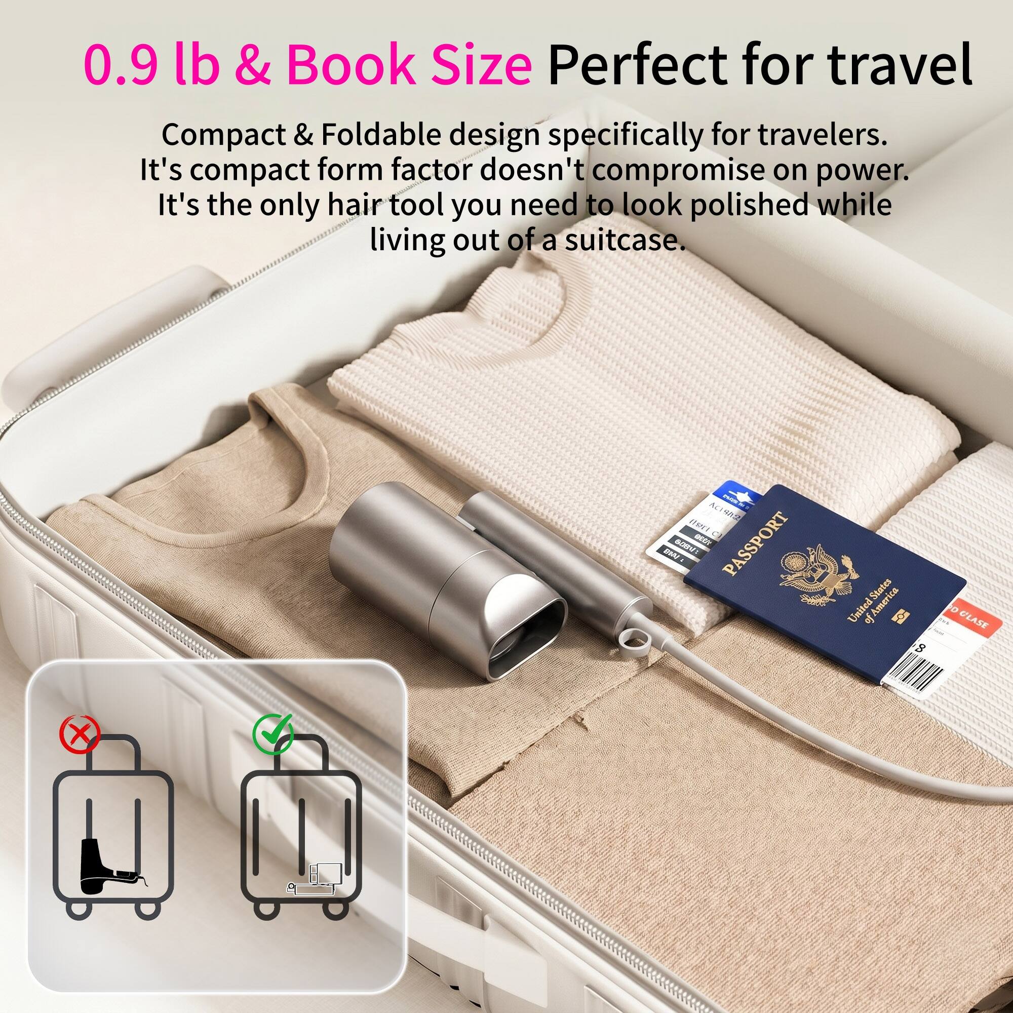 0.9 lb & Book Size Perfect for travel  
Compact & Foldable design specifically for travelers.  
It's compact form factor doesn't compromise on power.  
It's the only hair tool you need to look polished while living out of a suitcase.  

A STANT - A - PASSPORT  
United States of America  
CLASS X