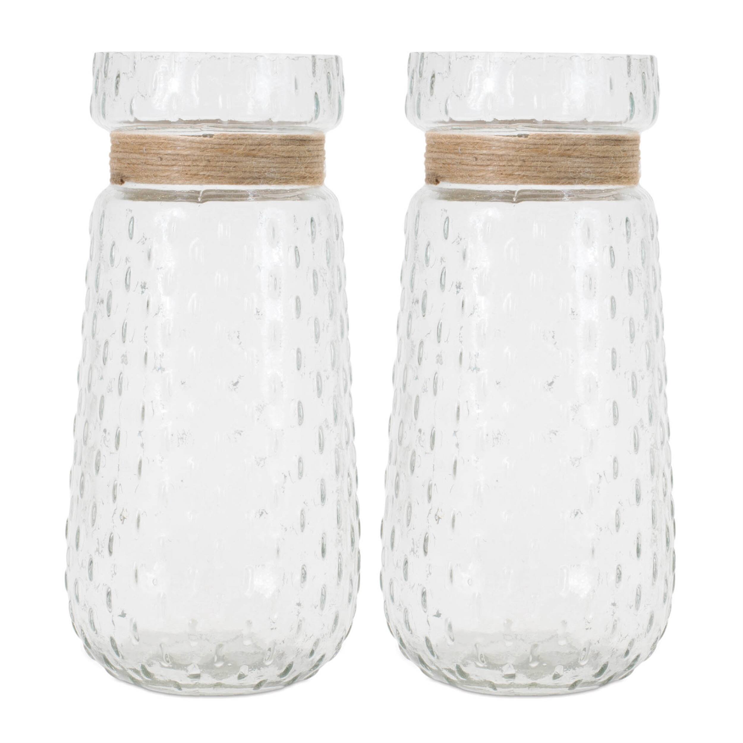Angle. BreeBe - Texture Glass Vase with Jute Accent (Set of 2) - Clear, Beige.