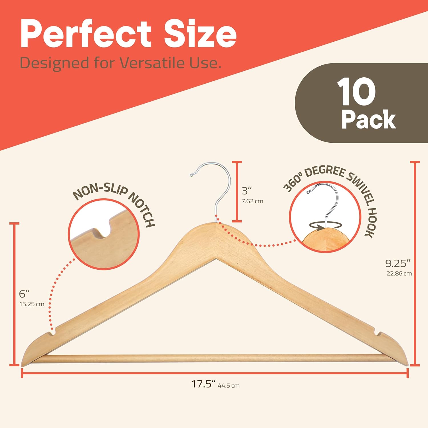 Perfect Size, Designed for Versatile Use, 10 Pack, NON-SLIP NOTCH, 3", 7.62 cm, DEGREE, 360 SWIVEL HOOK, 9.25", 22.86 cm, 6", 15.25 cm, 17.5", 44.5 cm