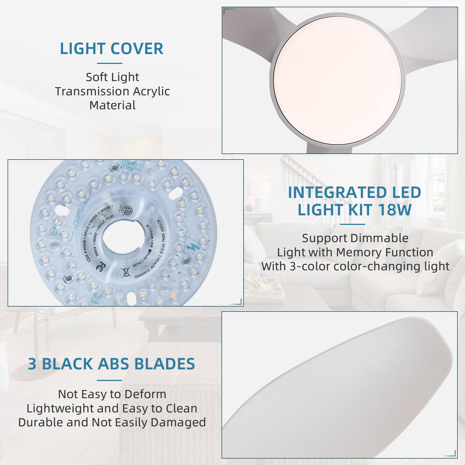 LIGHT COVER  
Soft Light Transmission Acrylic Material  

INTEGRATED LED LIGHT KIT 18W  
Support Dimmable Light with Memory Function  
With 3-color color-changing light  

3 BLACK ABS BLADES  
Not Easy to Deform  
Lightweight and Easy to Clean  
Durable and Not Easily Damaged