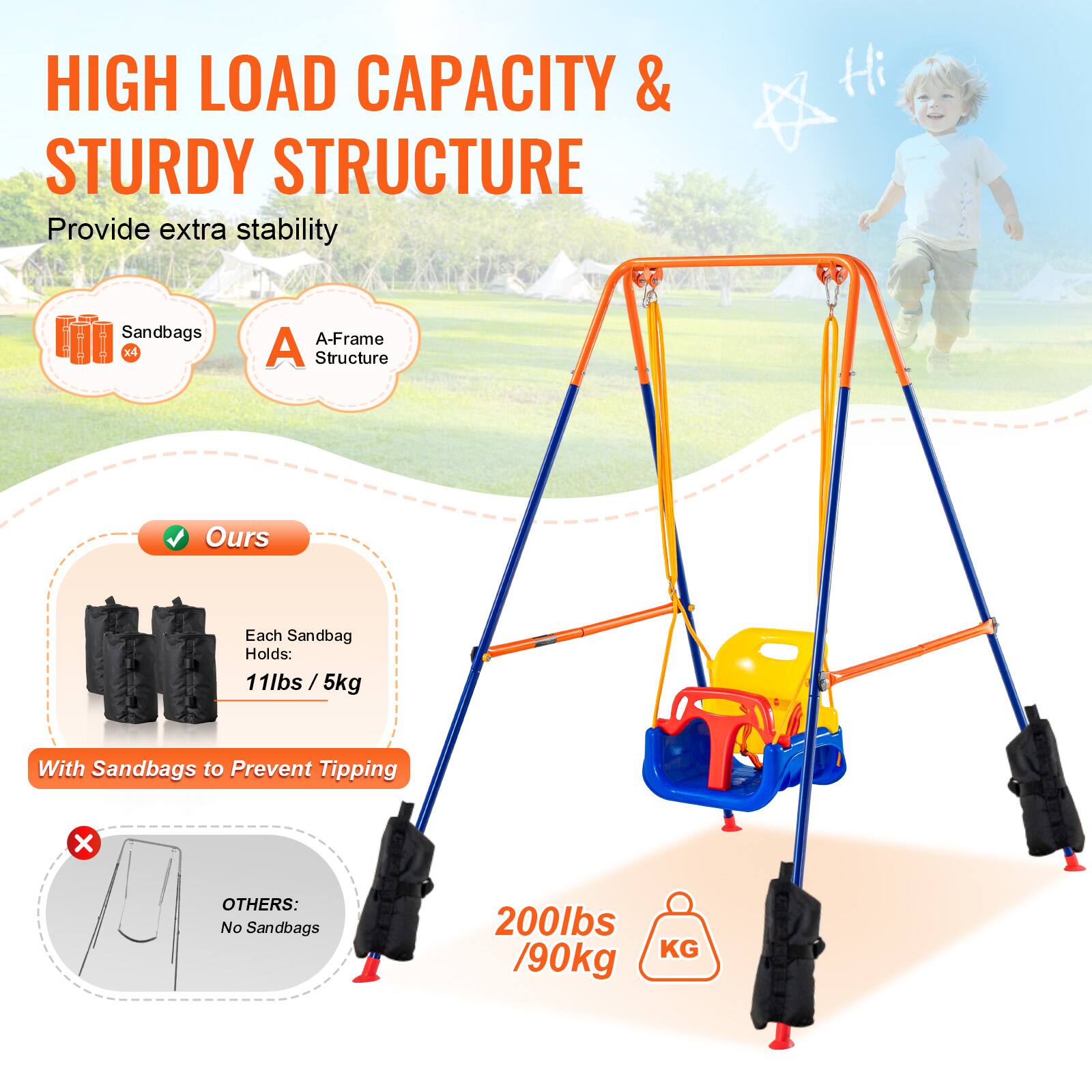 HIGH LOAD CAPACITY & STURDY STRUCTURE
Provide extra stability
Sandbags x4
A-Frame Structure
Ours
Each Sandbag Holds: 11lbs/5kg
With Sandbags to Prevent Tipping
x OTHERS: No Sandbags
200lbs KG /90kg