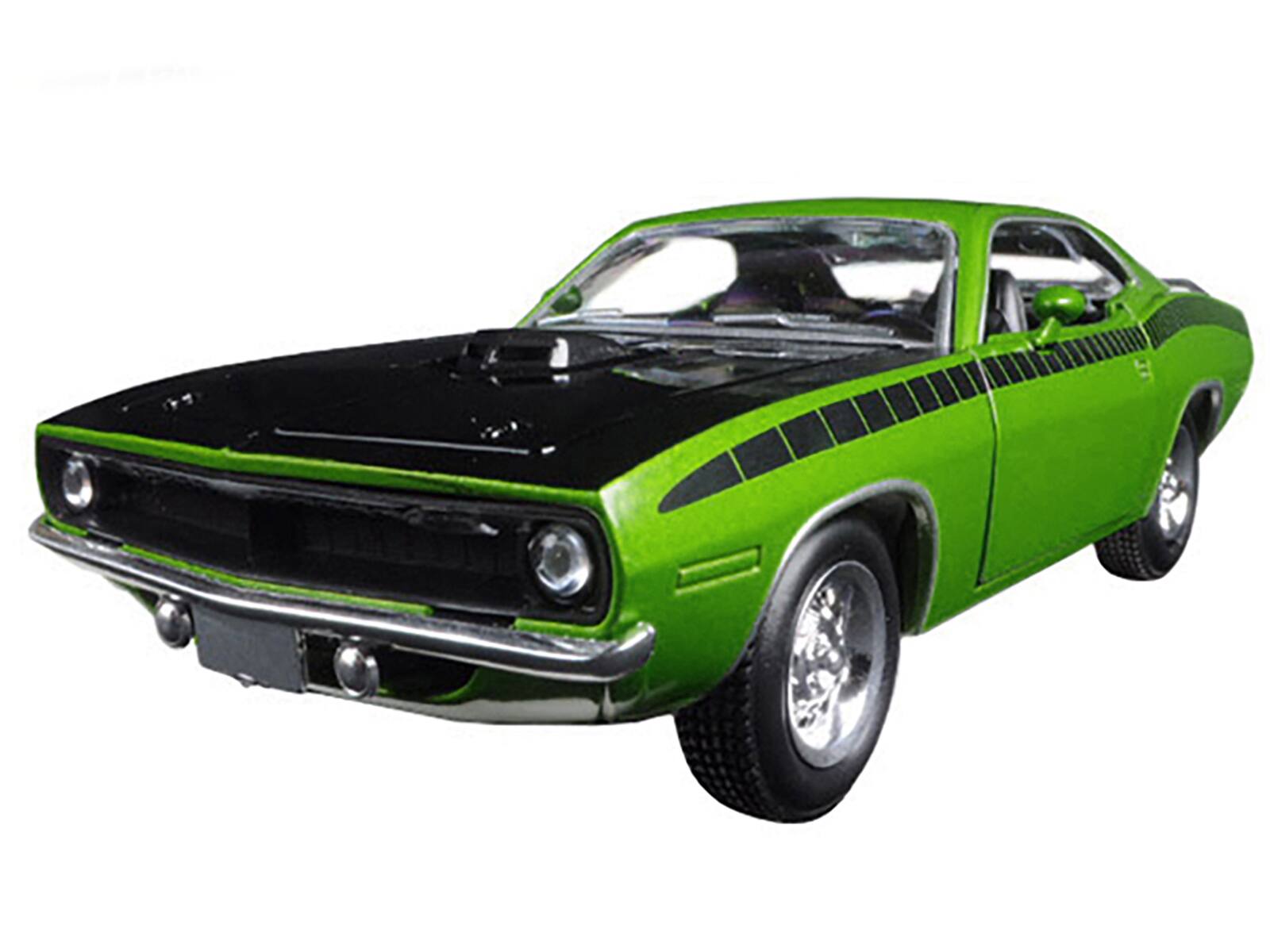 Alt View 1. New Ray - 1970 Plymouth Barracuda Green with Black Hood and Stripes "Muscle Car Collection" 1/25 Diecast Model Car by New Ray.